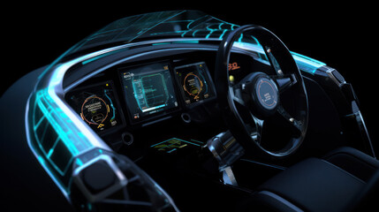 Cockpit of futuristic electric single-seater vehicle with modern design, generative ai