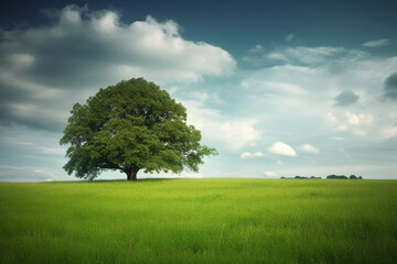 Fototapeta na wymiar Oak Tree in Meadow. Calming landscape of a meadow with an oak tree in the middle.Ai generated