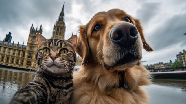Dog and cat taking a selfie together in front of Big Ben on a London vacation, generative ai
