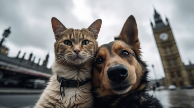 Dog and cat taking a selfie together in front of Big Ben on a London vacation, generative ai