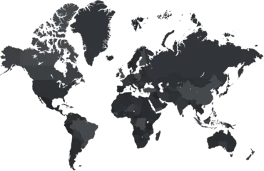 Tuinposter Dark grayscale highly detailed world map on transparent background © kodochigov