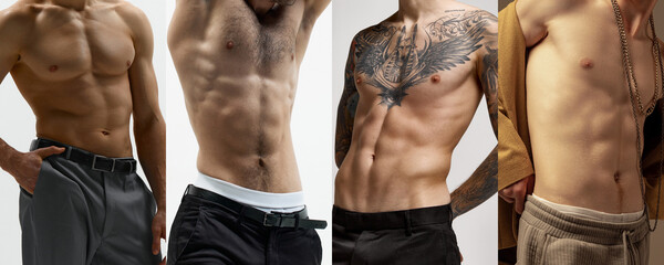 Cropped photo collage with male attractive bodies, naked torso relief over light studio background....