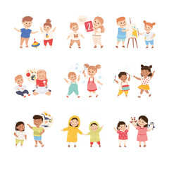 Happy cute kids playing together. Boys and girls painting, blowing soap bubbles, playing drum, walking cartoon vector illustration
