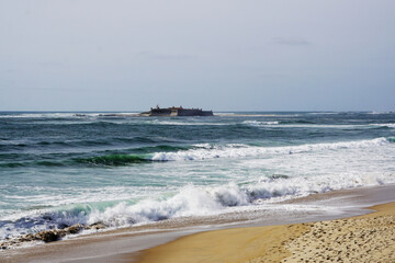 Panoramic view of Praia de Moledo and Fortress Insua in Caminha, Portugal
