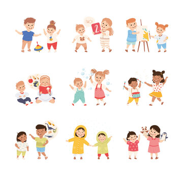 Happy cute kids playing together. Boys and girls painting, blowing soap bubbles, playing drum, walking cartoon vector illustration