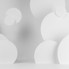 White soft light abstract stage mockup in with soar circles  as decoration in futuristic simple style, scene template for presentation, showing of cosmetic products, goods, design, sale, square.