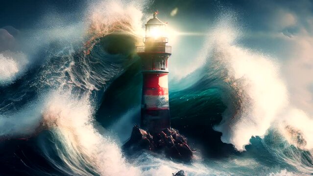 Lighthouse during a storm. Sky and wave animation. 30 second loop