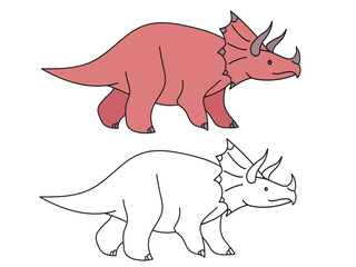 vector children's illustration dinosaur, coloring book page  coloring and black and white version of a red dinosaur Triceratops