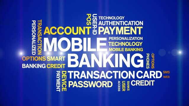 Mobile Banking animated tag word cloud;text design animation kinetic typography seamless loop.
