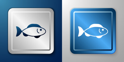 White Fish icon isolated on blue and grey background. Silver and blue square button. Vector