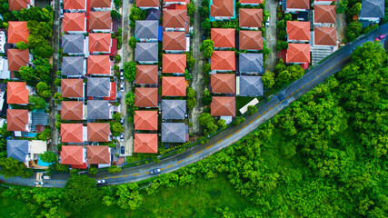 aerial view of beautiful home village plan with curve street and green environment - 599199971