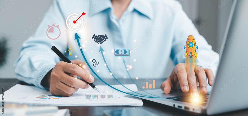 Wall mural startup concept with icon business and network connection on modern virtual interface from laptop co