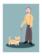 vector cute color illustration of a man with a corgi dog on a leash, decorative picture for cards, a man with a pet