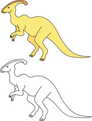 vector children's illustration dinosaur, coloring book page  coloring and black and white version of a yellow reptile dinosaur Parasaurolophus