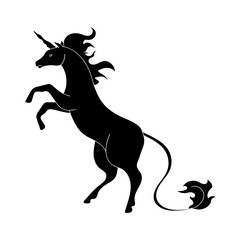 vector illustration black silhouette of a unicorn on its hind legs with a long horn and a long tail with a tassel, magical mythical horse 