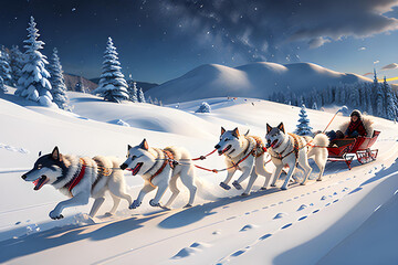 Illustration of dog sleigh in arctic nature.