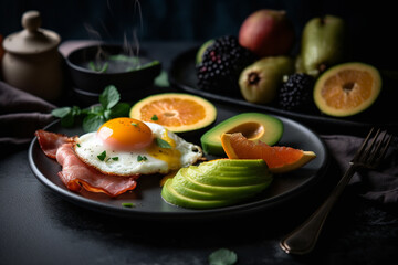 Keto Breakfast. Delicious and healthy keto breakfast with eggs, bacon, avocado, and forest berries. Ai generated