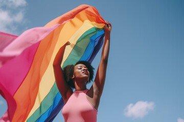 Black queer person holding rainbow flag LGBT pride or gay pride. Lesbian, gay, bisexual and transgender people proud of sexual orientation gender identity. Coming out day or LGBT history month concept - obrazy, fototapety, plakaty