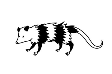 vector black and white illustration cartoon possum, tattoo sketch with a funny animal possum 