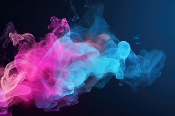 Glitter mist. Color vapor texture. Ink water mix. Fantasy sky. Neon pink blue shiny sparkling particles smoke floating on dark abstract art background with free space