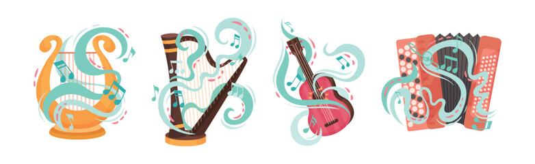 Musical Instruments Twisted with Decorative Swirling Line and Note Vector Set