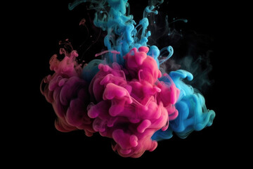 Fototapeta premium Fluid splash. Color vapor. Ink water shot. Pink blue glowing explosion smoke cloud on dark black abstract art background with free space