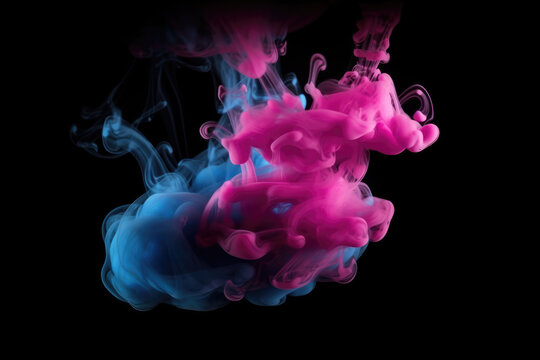 Fluid splash. Color vapor. Ink water shot. Pink blue glowing explosion smoke cloud on dark black abstract art background with free space