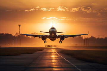 Fototapeta na wymiar Commercial Plane Takeoff at Sunset. Airplane taking off from an airport during a beautiful sunset, symbolizing travel and adventure. Ai generated