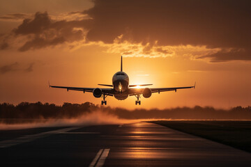 Commercial Plane Takeoff at Sunset. Airplane taking off from an airport during a beautiful sunset, symbolizing travel and adventure. Ai generated