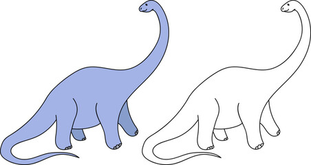 vector children's illustration dinosaur, coloring book page  coloring and black and white version of a dinosaur with a long neck, blue brontosaurus