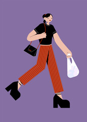 vector flat color illustration stylized girl in striped pants walking with a bag and purse in his hands, a simple anatomy in geometric shapes
