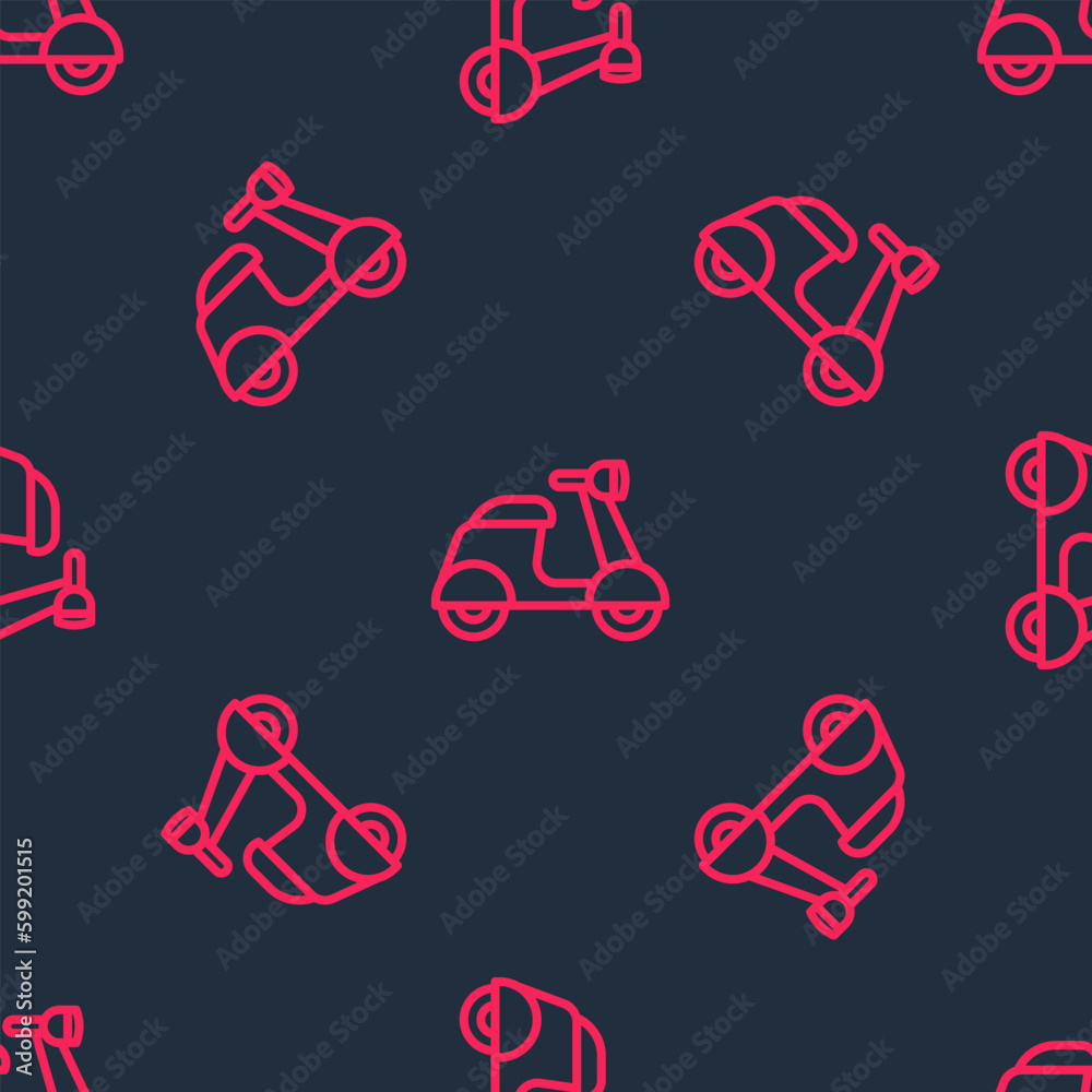 Sticker Red line Scooter icon isolated seamless pattern on black background. Vector