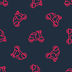 Red line Scooter icon isolated seamless pattern on black background. Vector