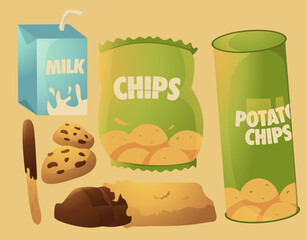 Set Collection Snack. Milk,Chips,Chocolate,
