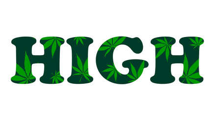 vector decorative green lettering high with cannabis leaves pattern, marijuana, logo for weed lovers