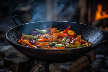 Thai Wok Recipe with Vegetables. Thai wok recipe with vegetables being cooked on an open fire, representing the delicious flavors of Asian cuisine. Ai generated