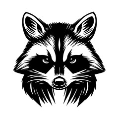 Raccoon vector graphics front side is black-and-white monochrome pattern, raccoon logo, isolated on white background, vector illustration.