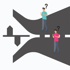Business crossroads, finding a solution or direction for success, confusion or opportunity choice or alternative concept, a confused businessman at the crossroads thinking way to go.
