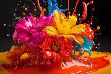 Summer Flower Bouquet with Paint Splash. Colorful summer flower bouquet with vibrant paint splash, representing the beauty and joy of the season. Ai generated