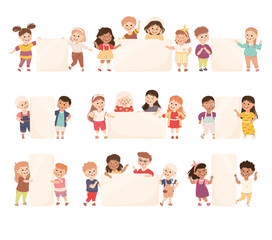 Happy kids standing with blank banners set. Little children holding empty white board or placard vector illustration