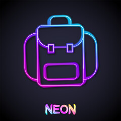 Glowing neon line Hiking backpack icon isolated on black background. Camping and mountain exploring backpack. Vector