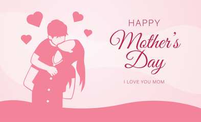 mother holding child behind with pink love illustration, happy mother's day banner with pink background