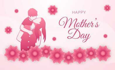mother holding child behind with pink flowers illustration, happy mother's day banner with pink background