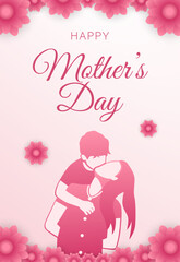 mother holding child behind with pink flowers, happy mother's day vertical banner with pink background