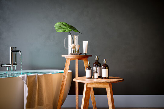 Body oil on Wooden Table in the bathroom. Size:3000X2000