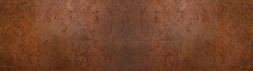 Old brown orange rusty vintage worn shabby patchwork motif tiles rust stone concrete cement wall texture background banner