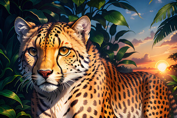 Illustration of cheetah in natural environment, outdoors