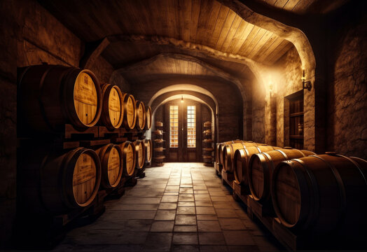 A room filled with numerous wooden barrels stacked in rows at the walls. Alcohol production concept. Generative AI.