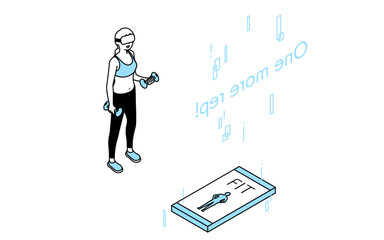 VRフィットネス、VRゴーグルをつけてダンベルトレーニングする女性