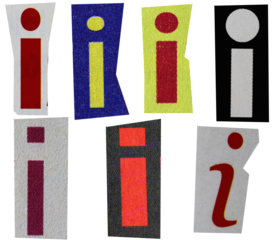 Letter i magazine cut out font, ransom letter, isolated collage elements for text alphabet, ransom note